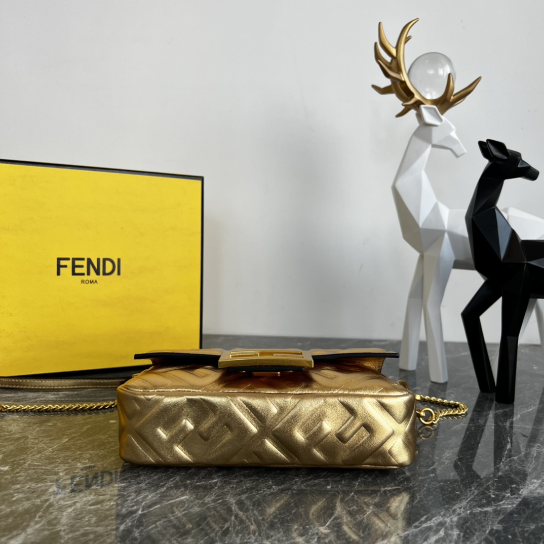 Fendi Mini Baguette Nappa Leather 3D-effect FF Shoulder Bag Gold 